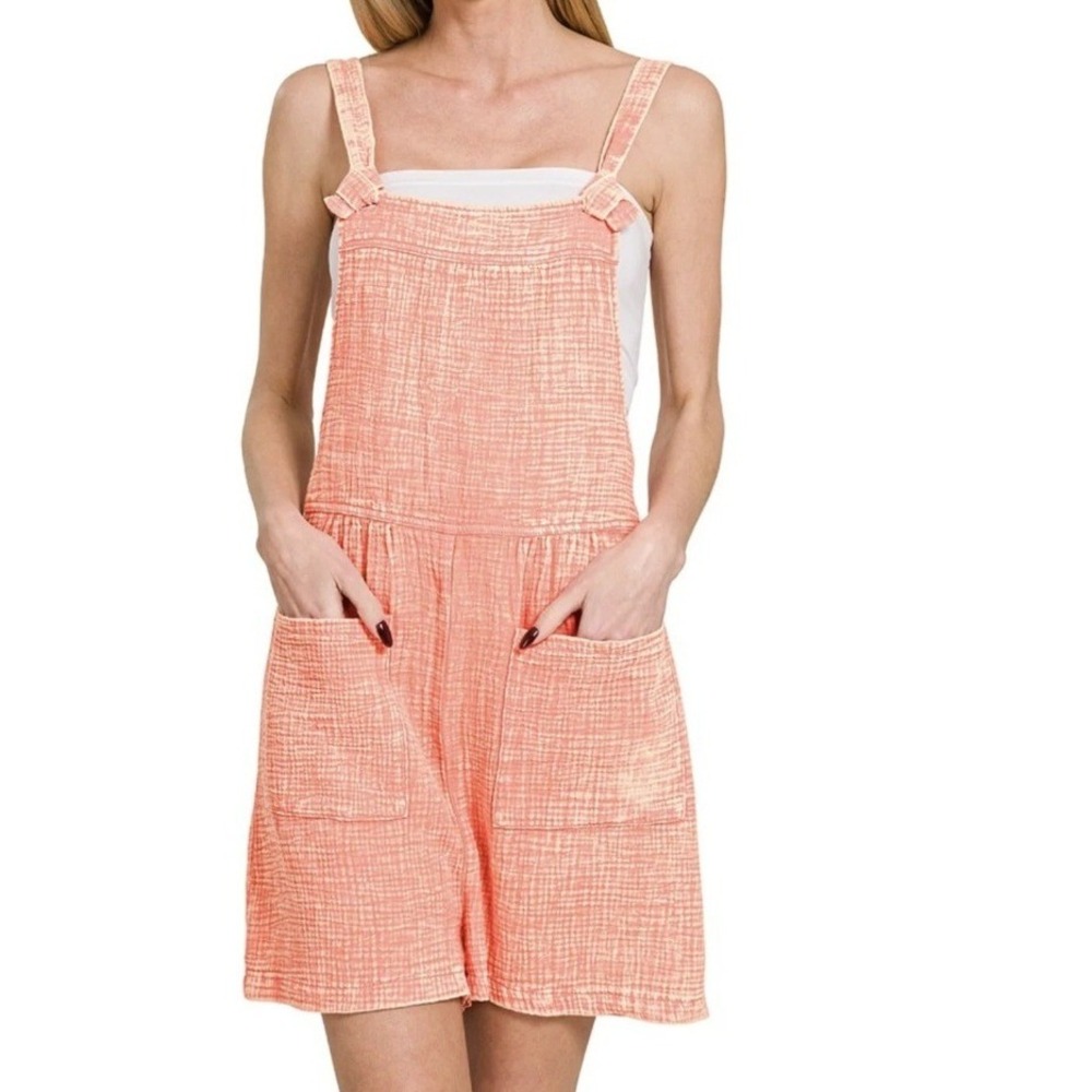 Zenana Coral Cotton Gauze Shortall Romper Pockets Square Neck Sleeveless‎ Large